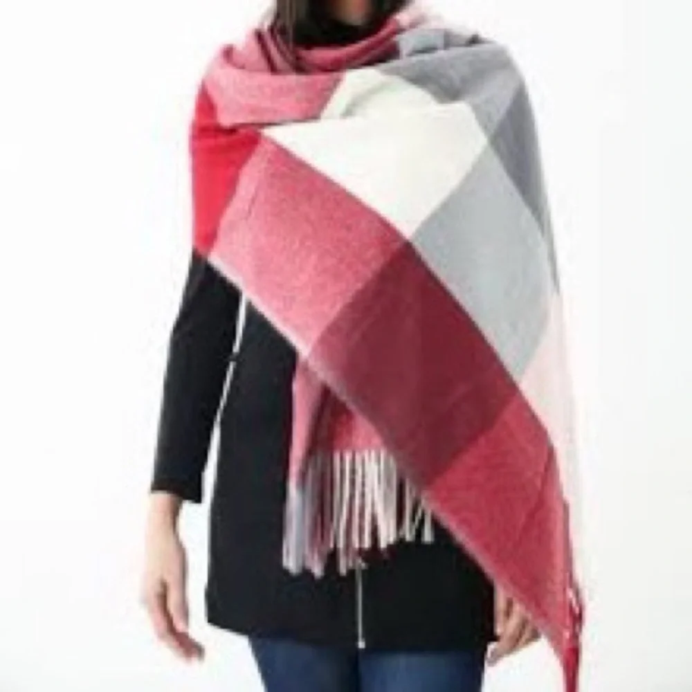 Lane Bryant Oversized Cozy Plaid Winter Fringe Blanket Scarf New Red Grey